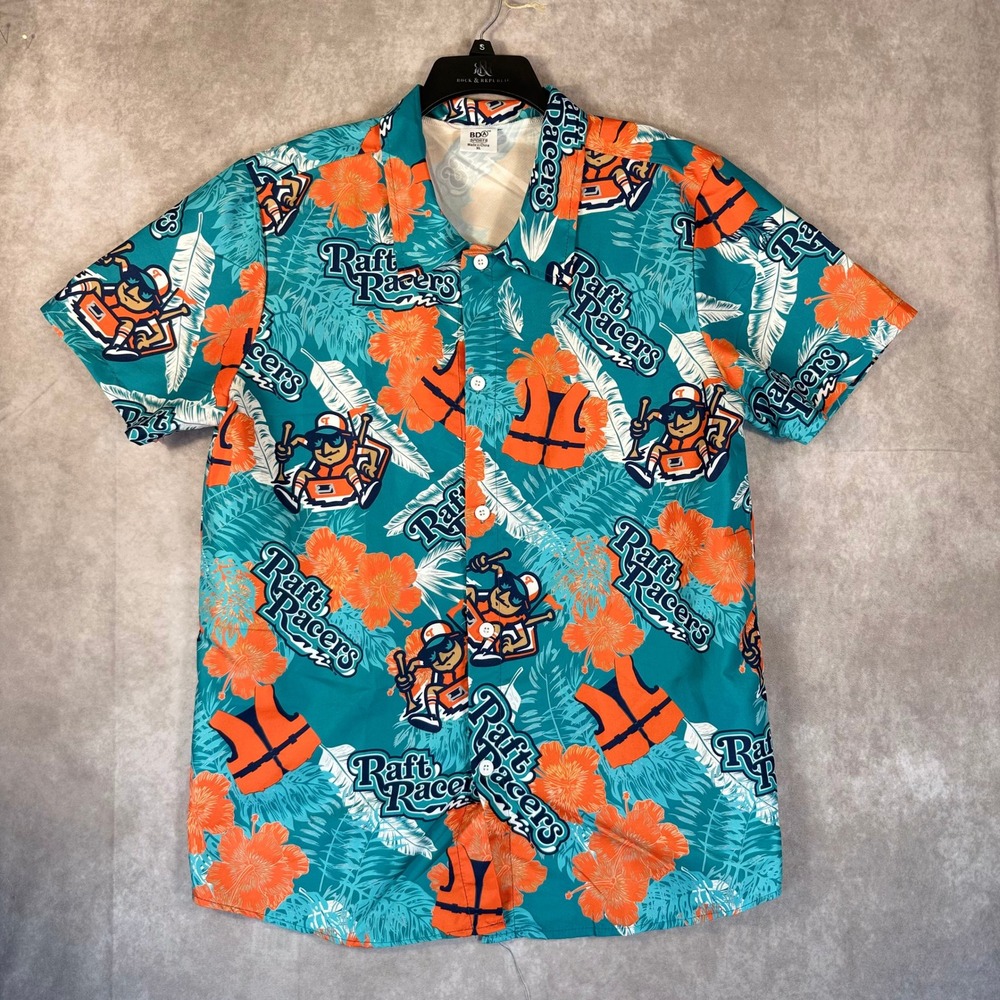 BDA Sports Raft Racers Shirt Men XL Teal Orange Graphic Tropical Button Down